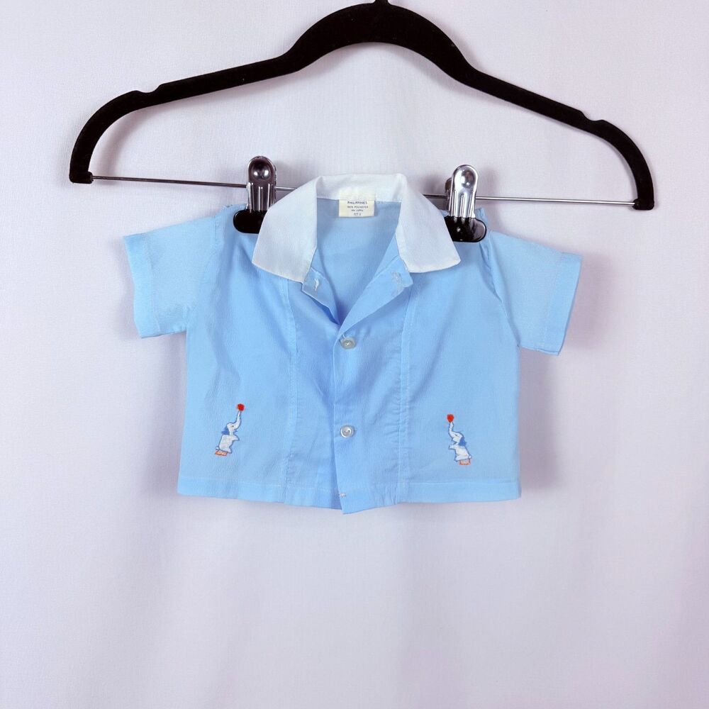 Vintage Baby Boy Outfit 2pc Diaper Set Button Up Collared Shirt Circus Elephant